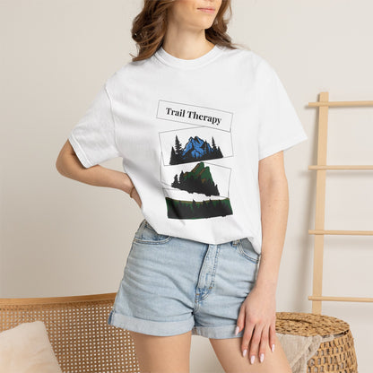 Outdoor enthusiast graphic tee featuring multi-layer mountain and trail running design