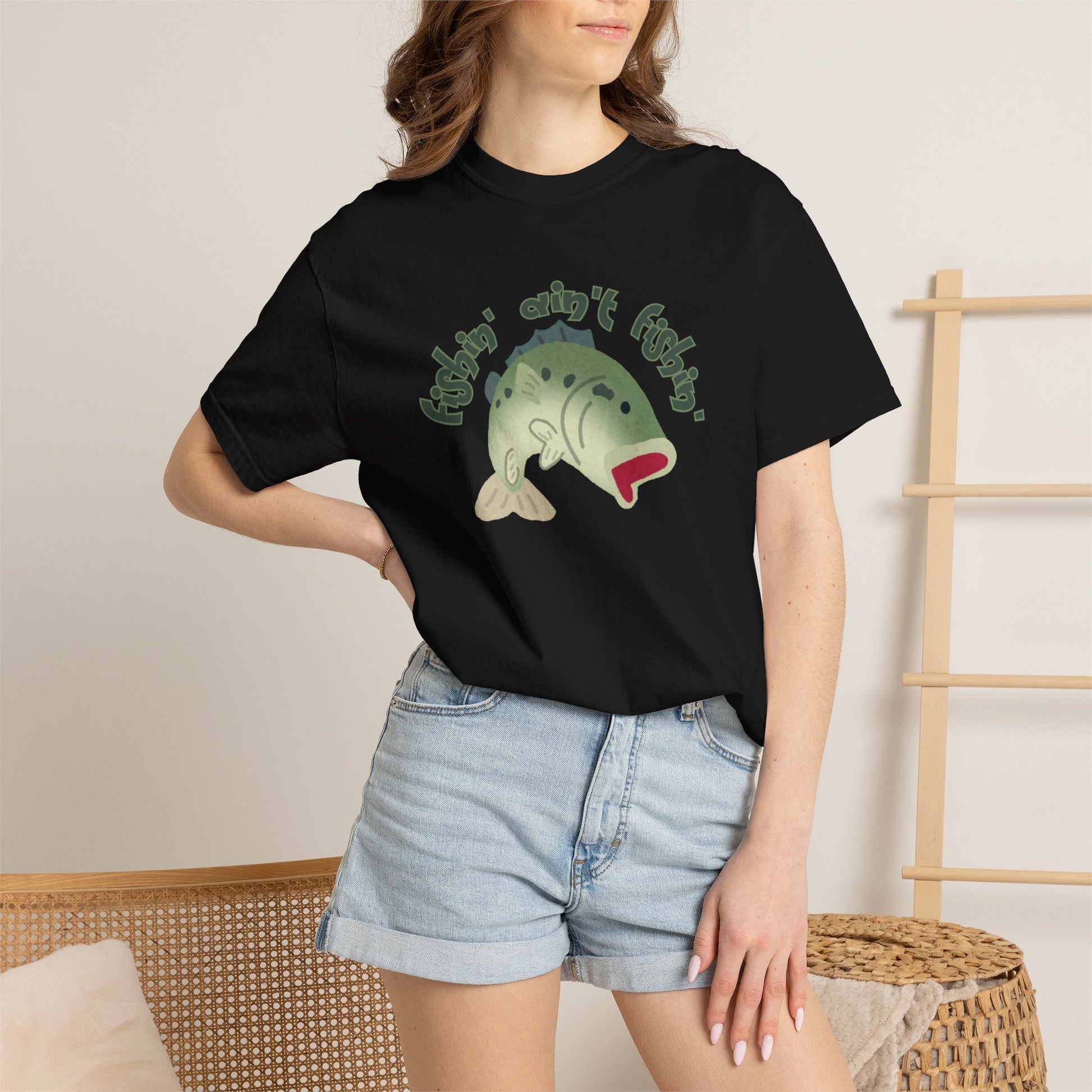 Outdoor lifestyle fishing tee with funny quote and bass artwork