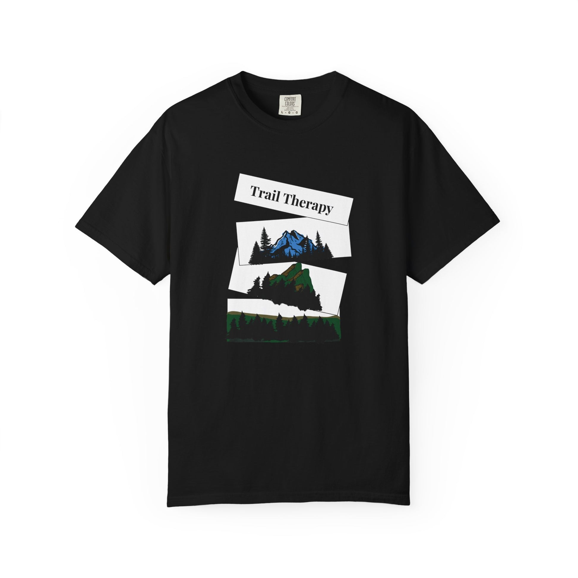 Outdoor wellness t-shirt with scenic mountain elevation graphic in nature tones