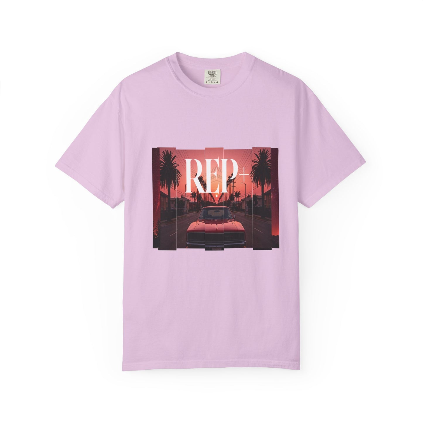 Outrun aesthetic graphic tee featuring a red convertible and dusk skyline