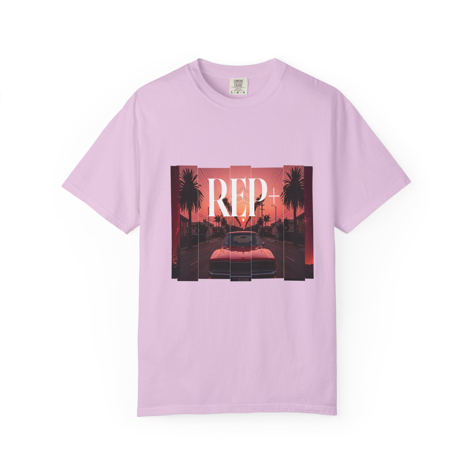 Outrun aesthetic graphic tee featuring a red convertible and dusk skyline