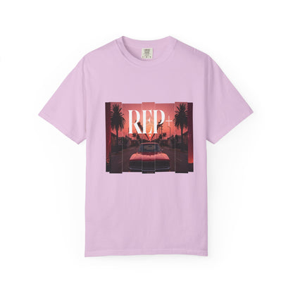 Outrun aesthetic graphic tee featuring a red convertible and dusk skyline