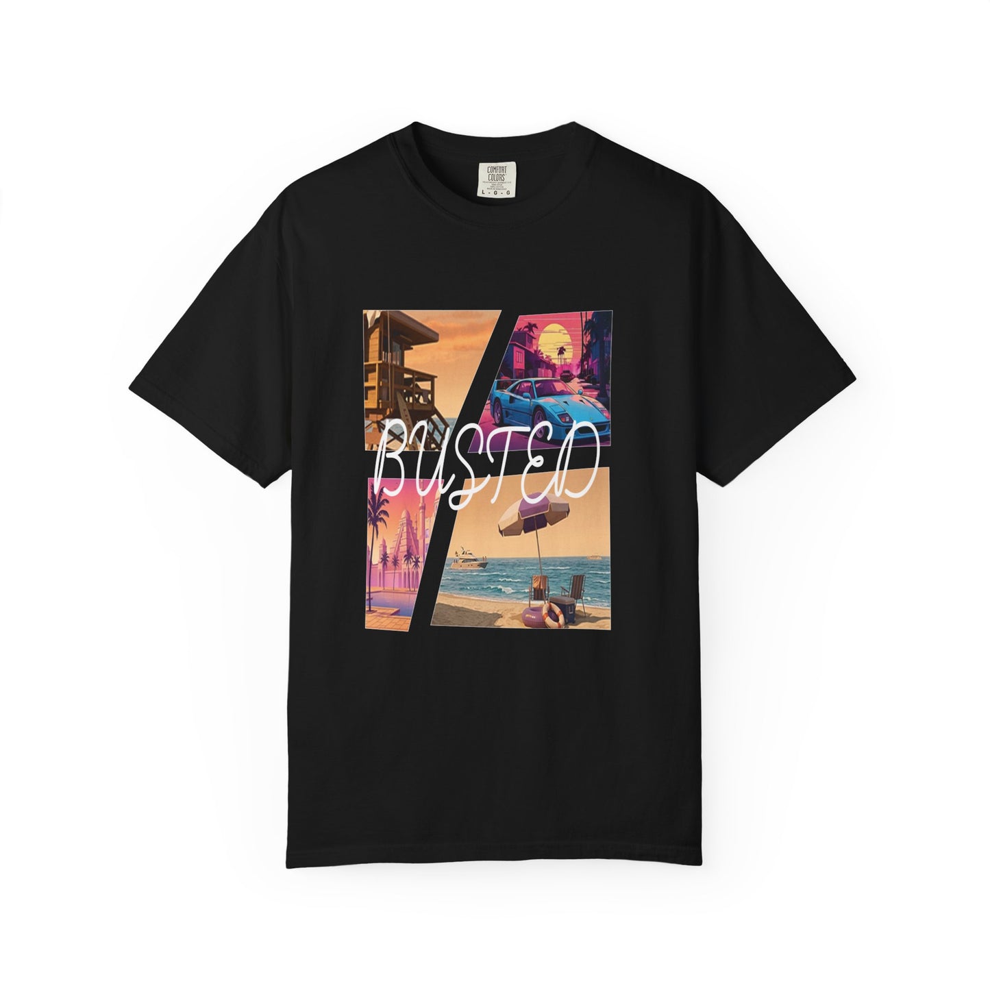 Outrun aesthetic graphic tee with vintage sports car and palm print