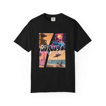 Outrun aesthetic graphic tee with vintage sports car and palm print