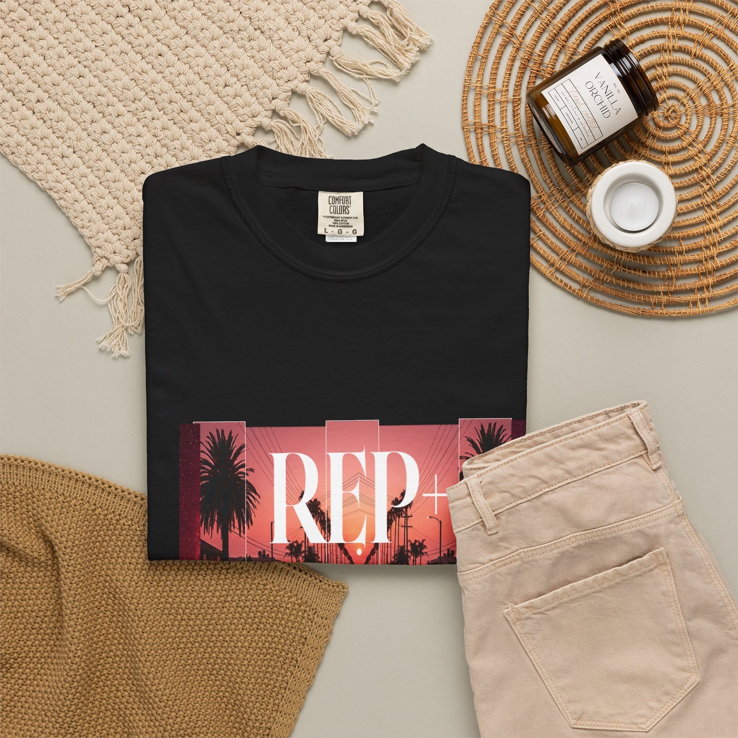 Outrun aesthetic streetwear shirt with neon sunset stripes and parked muscle car