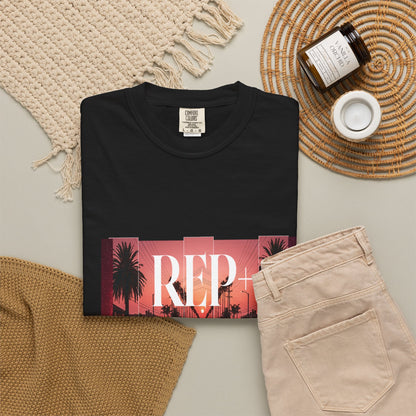 Outrun aesthetic streetwear shirt with neon sunset stripes and parked muscle car