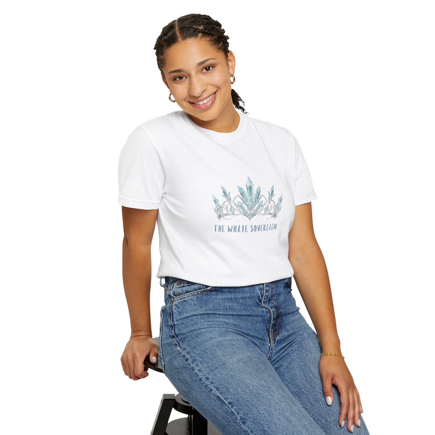 Overhead flat lay of The White Sovereign comfort colors frost tee with crown graphic centered on a neutral background
