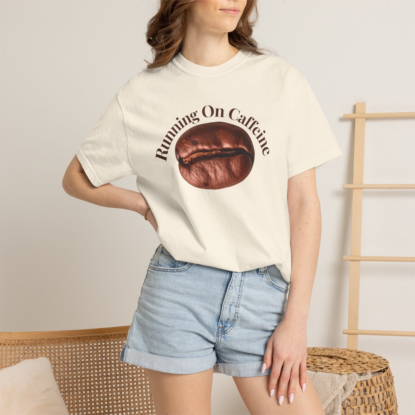 Overhead flat lay of blank heavyweight cotton tee on wooden surface