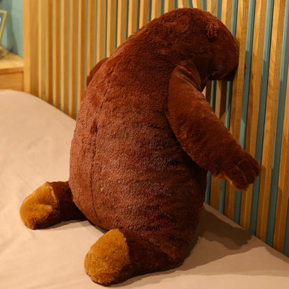 Oversized brown bear plush handmade stuffed animal shown from front with chubby proportions and slouchy posture