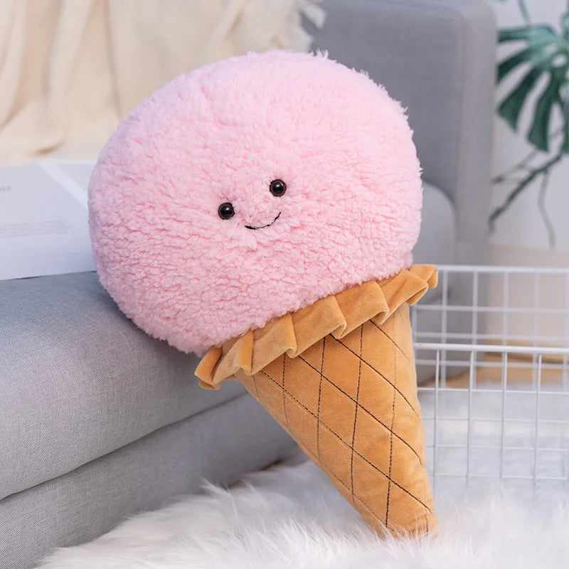 Oversized food shaped plush cushion shaped like a smiling ice cream cone in matcha green