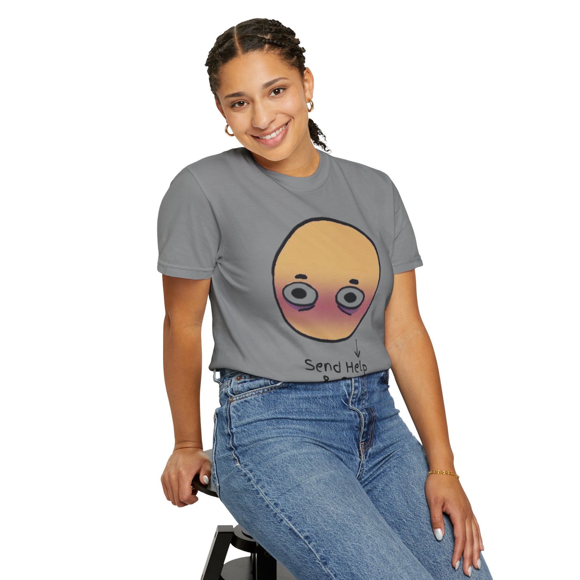 Oversized funny graphic tee with tired face meme on heather cotton blend