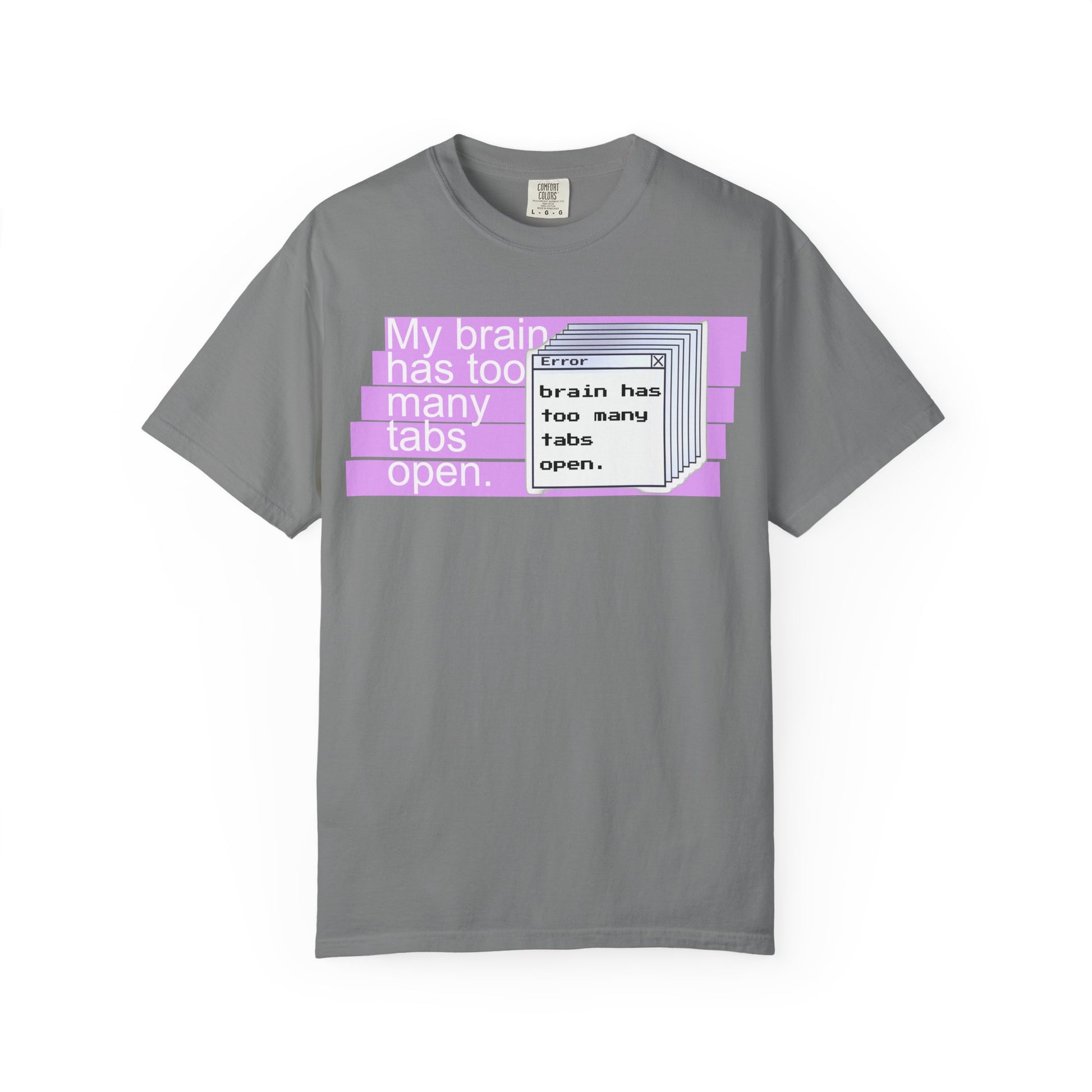 Overthinker apparel graphic tee worn by smiling woman at desk