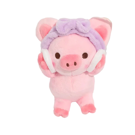 Pampered Piggy Plush kawaii pig plushie with purple spa headband and makeup remover pads