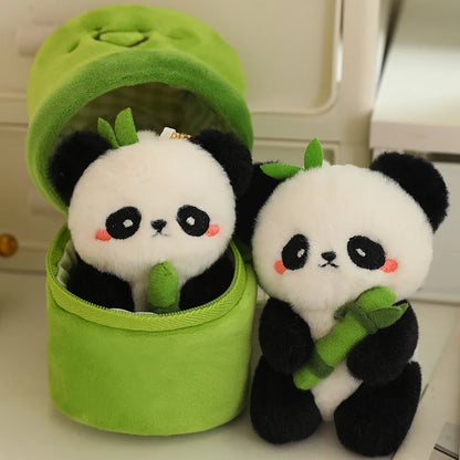 Panda plushie peeking out of unzipped bamboo pouch, mini panda keychain plush reveal moment