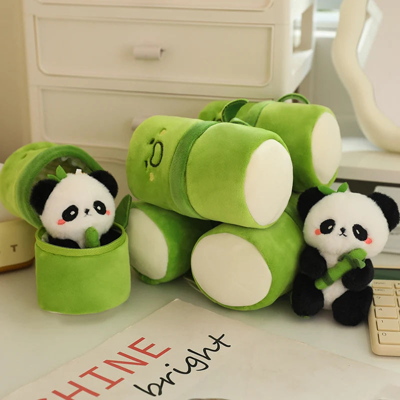 Panda stuffed toy inside closed bamboo zip case, showing the hidden surprise gimmick from outside