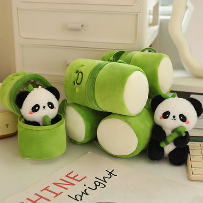 Panda stuffed toy inside closed bamboo zip case, showing the hidden surprise gimmick from outside