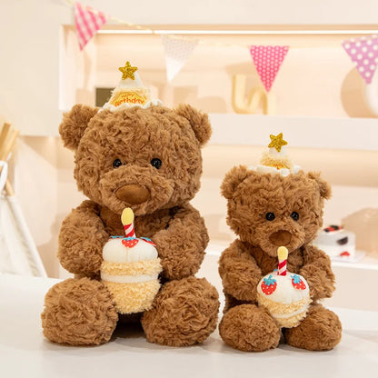 Party hat stuffed bear brown curly plush doll cupcake birthday detail full view