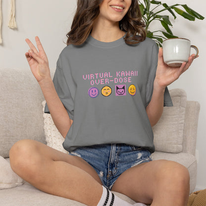Pastel goth tee styled with fishnet sleeves and silver chain accessories

