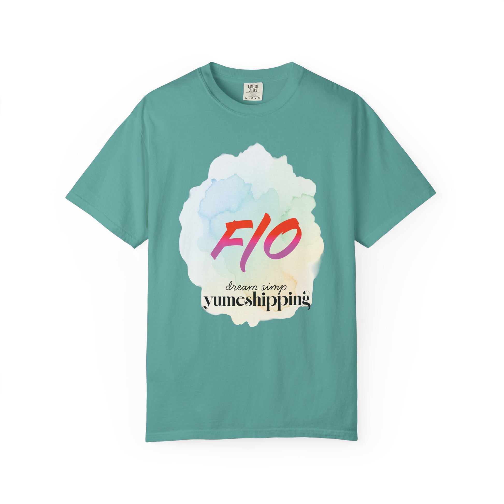 Pastel watercolor self-shipping shirt with expressive brushstroke font detail