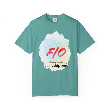 Pastel watercolor self-shipping shirt with expressive brushstroke font detail