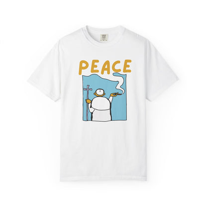 Peace lover tee with spiritual halo character graphic on white tee