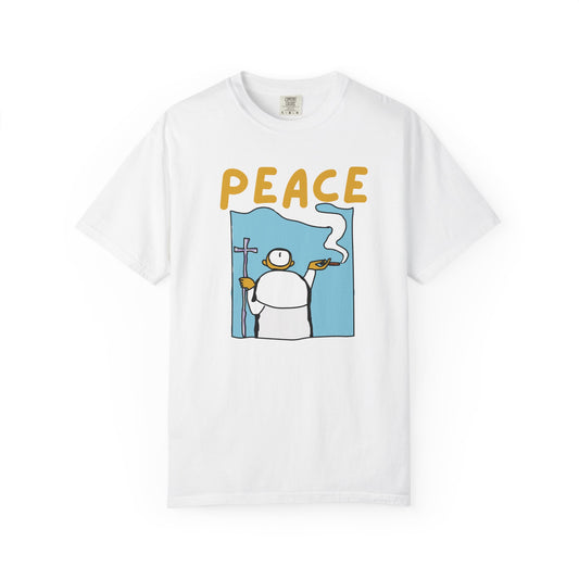 Peace lover tee with spiritual halo character graphic on white tee