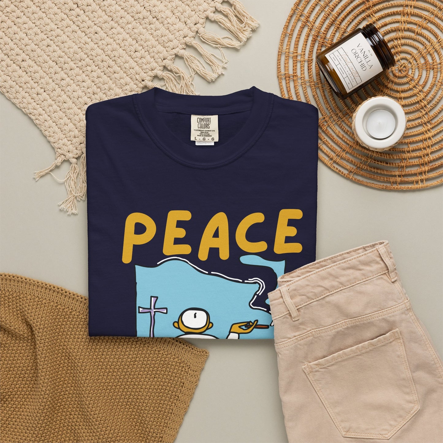 Peace lover tees spiritual character halo cross print heavyweight cotton shirt