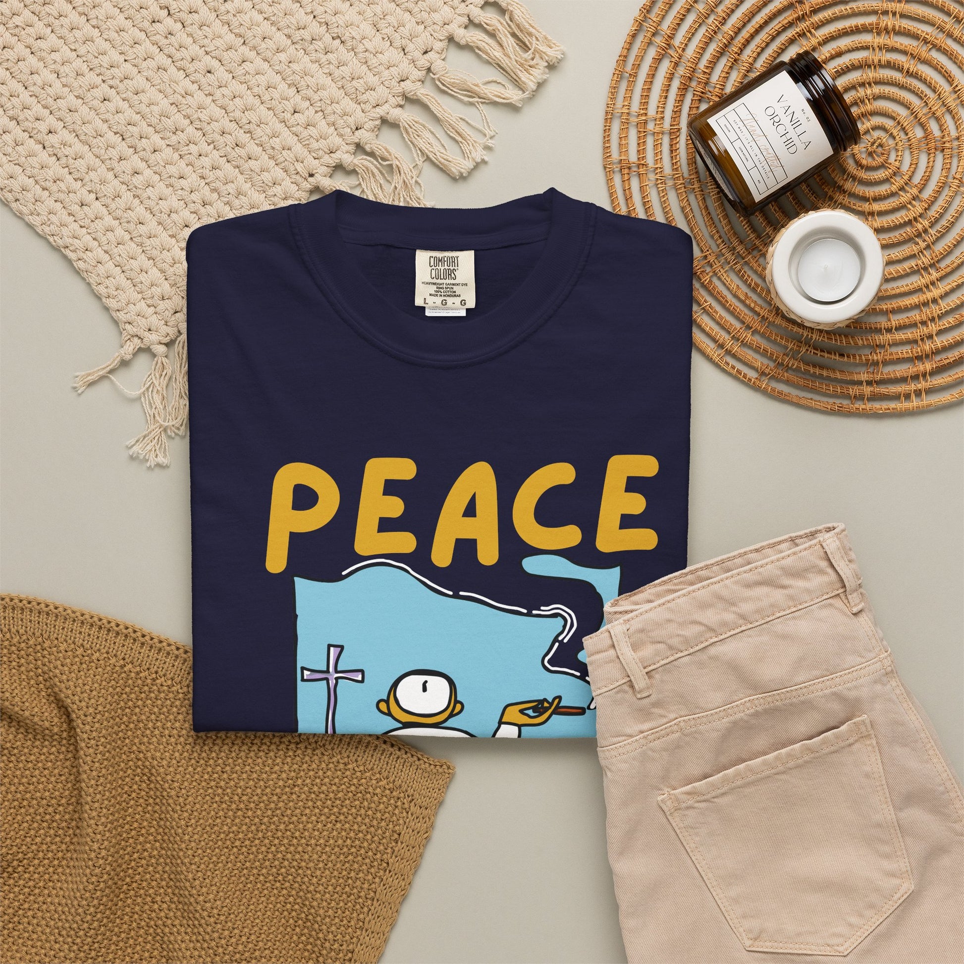 Peace lover tees spiritual character halo cross print heavyweight cotton shirt