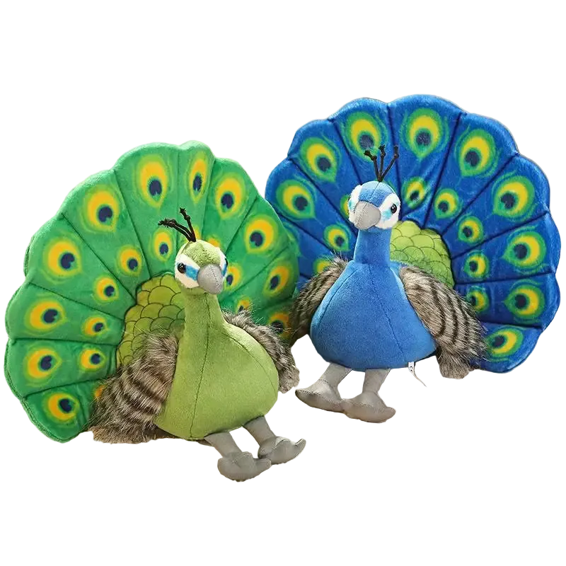 Peacock plush with full fan tail display in vivid blue, 25cm