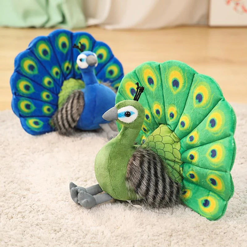 Peacock plushie close-up showing fan tail feather detail