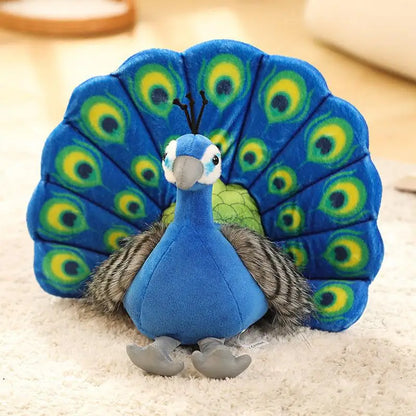 Peacock room decor plush displayed on wooden shelf