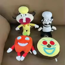 Peppino Spaghetti fan plush toy close up, handmade soft stuffed animal inspired by the iconic stressed pizza chef character