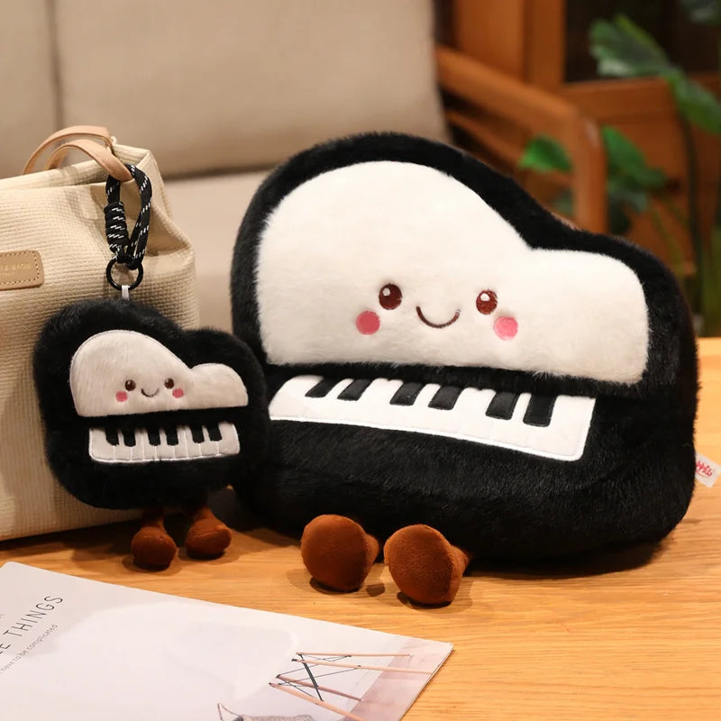 Piano lover gift idea showing the kawaii piano pillow 33 cm version in pastel room aesthetic setting