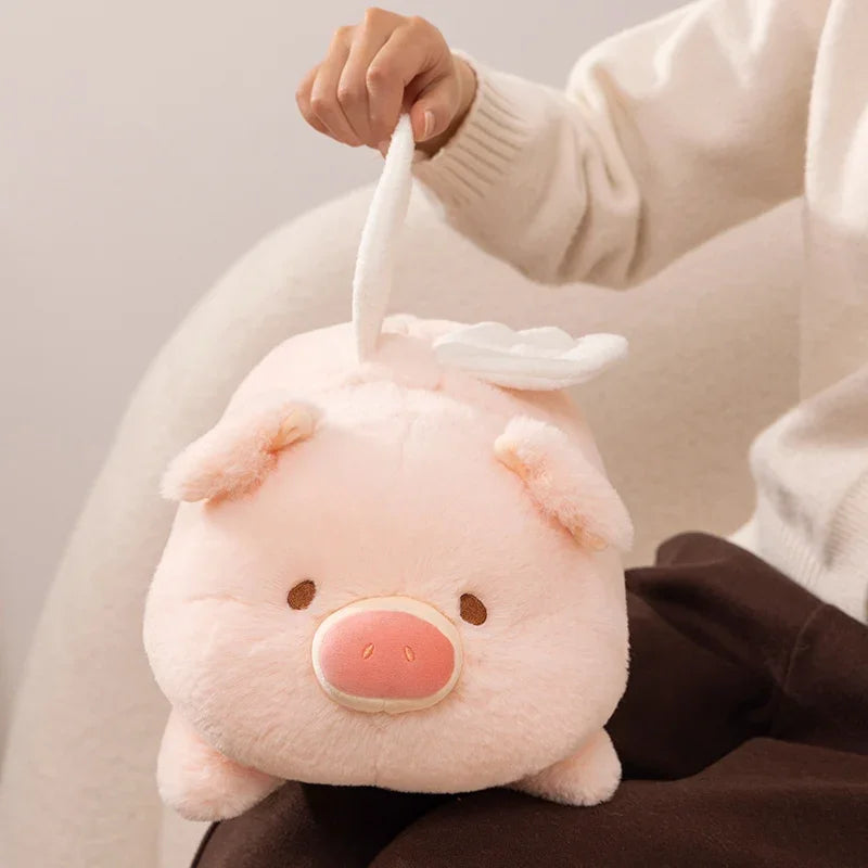 Pig plush doll celestial angel wings dreamy sleeping expression kawaii style