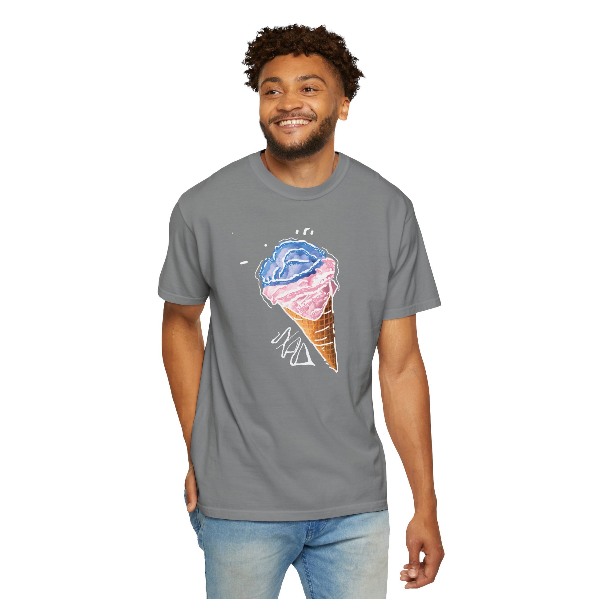 Pigment-dyed t-shirt with blue and pink watercolor ice cream illustration on chest