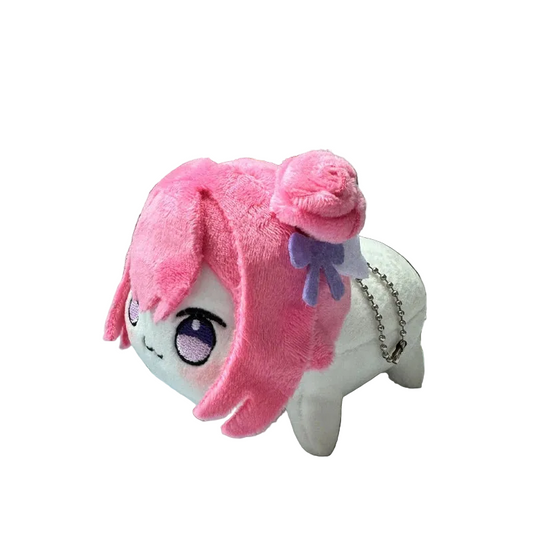 Pink Doro plush keychain with metal clip on white background