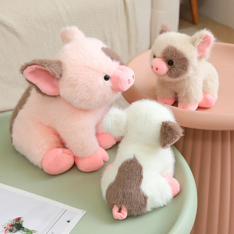 Pink and white kawaii piglet plush with dark spotted markings, cute handmade pig gift idea