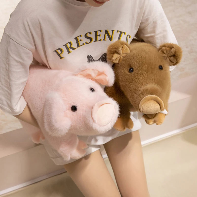 Pink piglet stuffed animal base of boar and piglet plush duo, soft plush fabric close-up