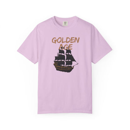 Pirate aesthetic clothing front view featuring pixel art sea vessel and retro lettering
