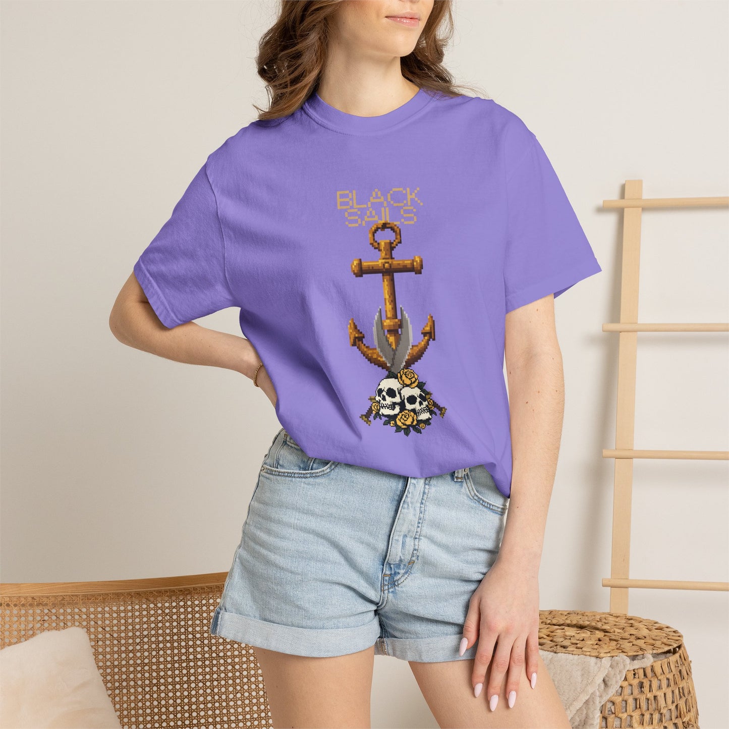 Pirate anchor pixel tee worn with dark shorts and high socks skate aesthetic
