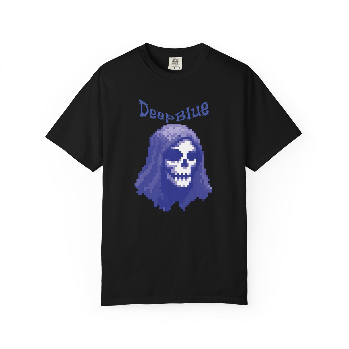 Pirate graphic tee detail shot of pixel hooded skull centerpiece
