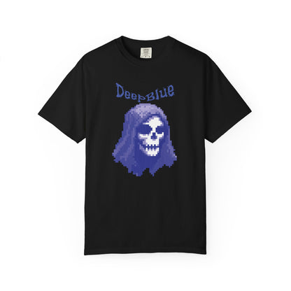 Pirate graphic tee detail shot of pixel hooded skull centerpiece
