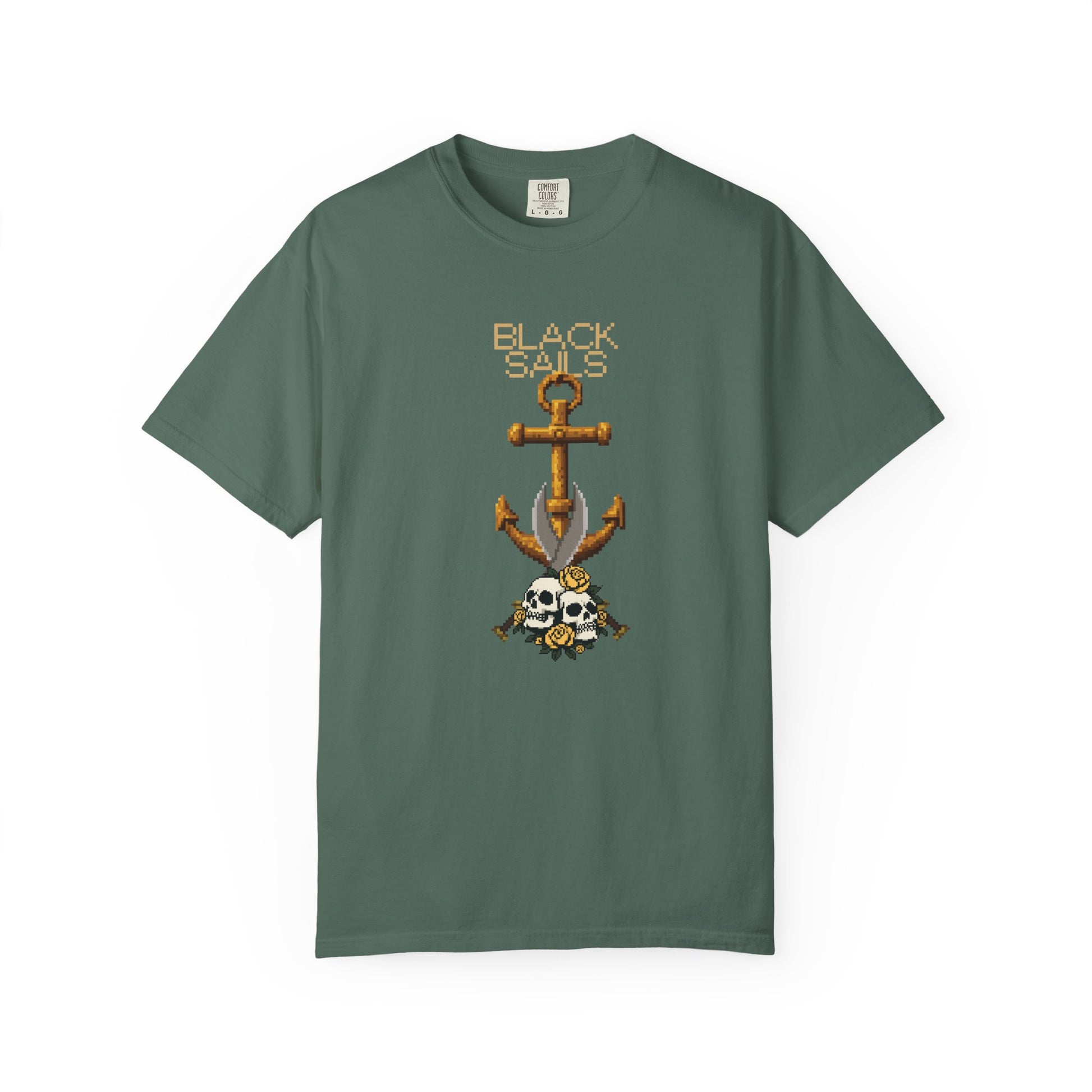 Pirate skull tee worn unisex fit side angle showing relaxed silhouette
