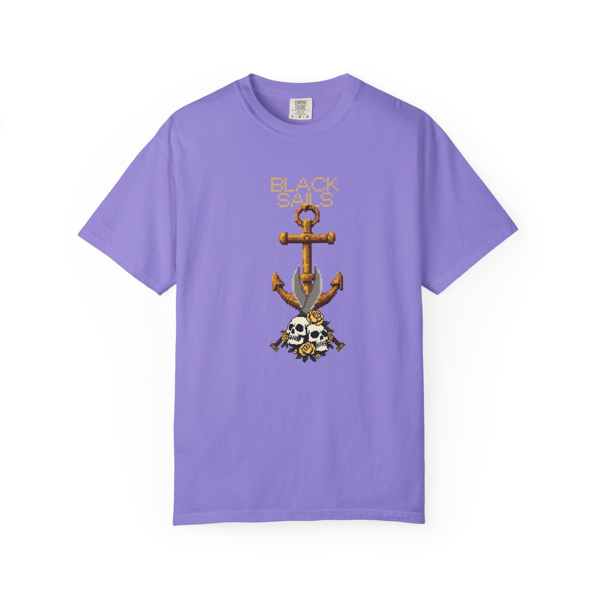 Pixel art apparel anchor tee garment tag detail showing Comfort Colors 1717 label
