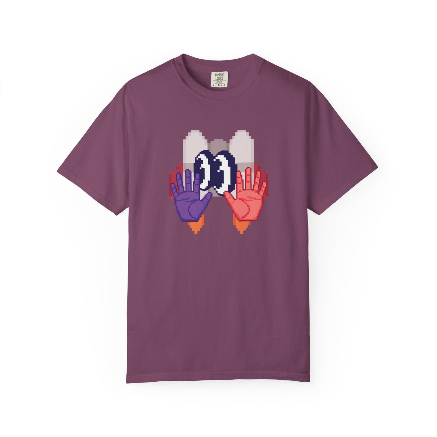 Pixel art graphic tee close up of mirrored hands and wide eyes chest print
