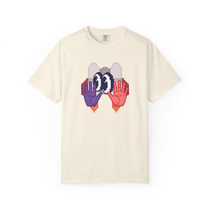 Pixel art graphic tee close up of mirrored mechanical hands and eyes design
