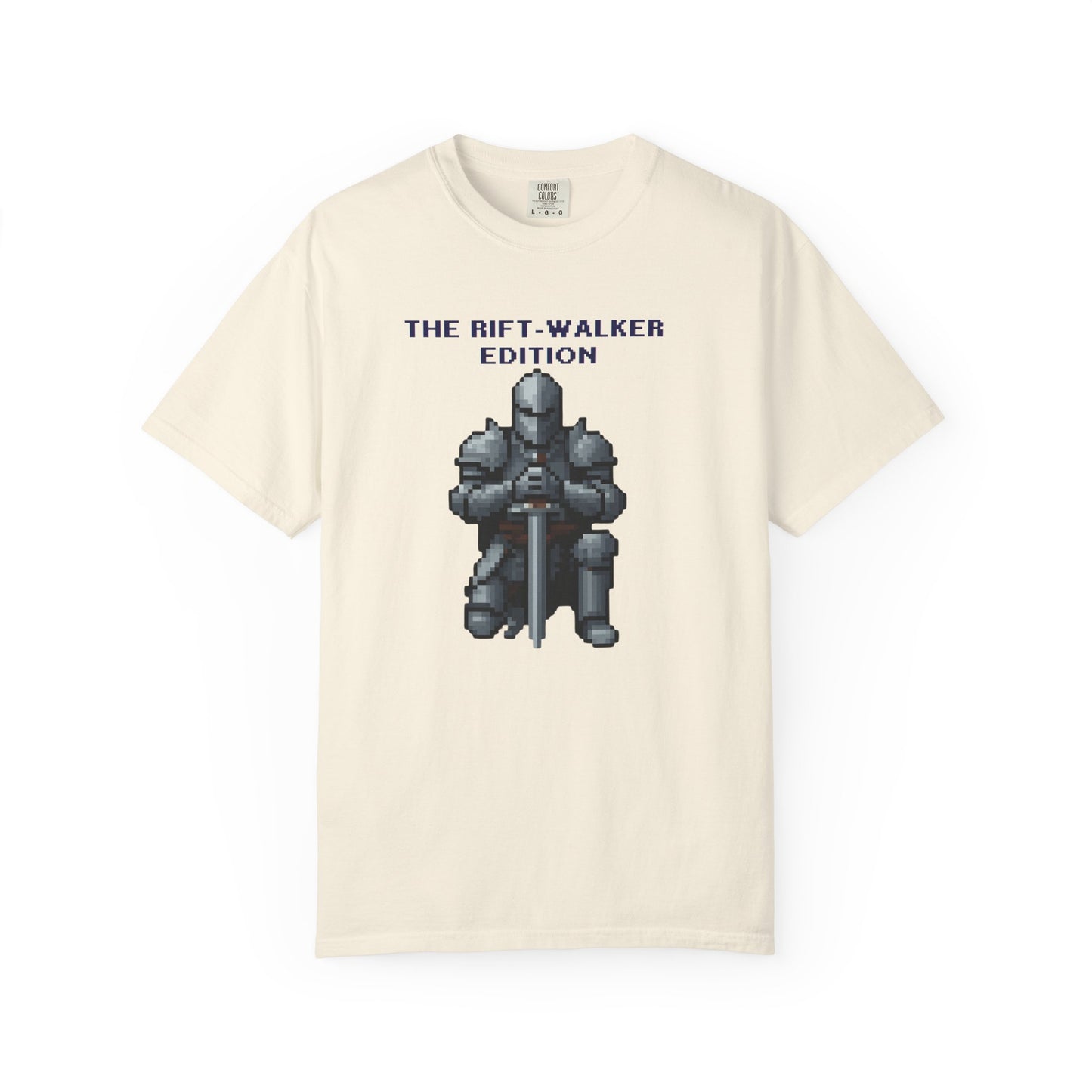 Pixel art knight graphic tee back view showing full kneeling knight print placement
