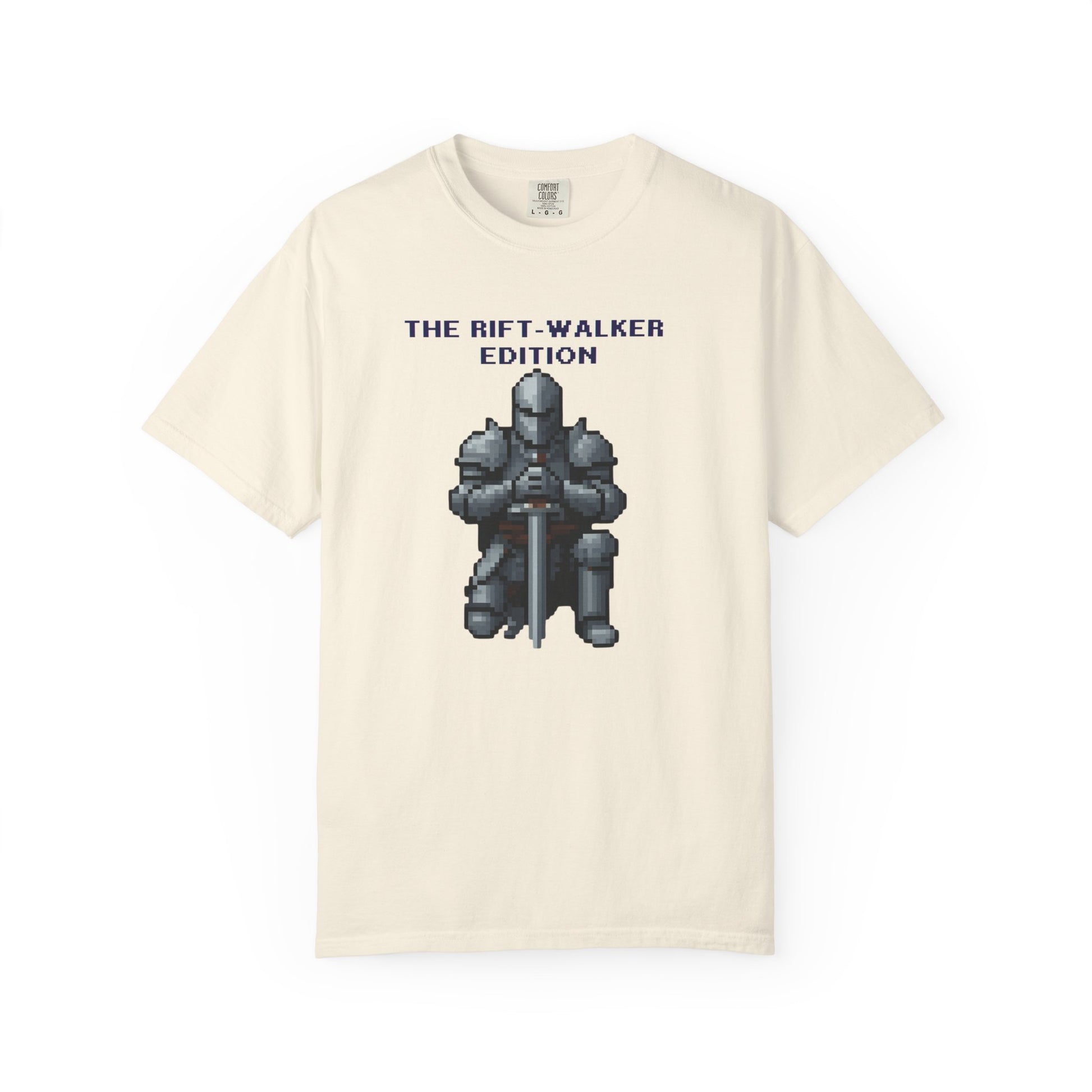 Pixel art knight graphic tee back view showing full kneeling knight print placement
