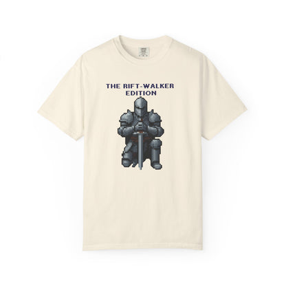 Pixel art knight graphic tee back view showing full kneeling knight print placement
