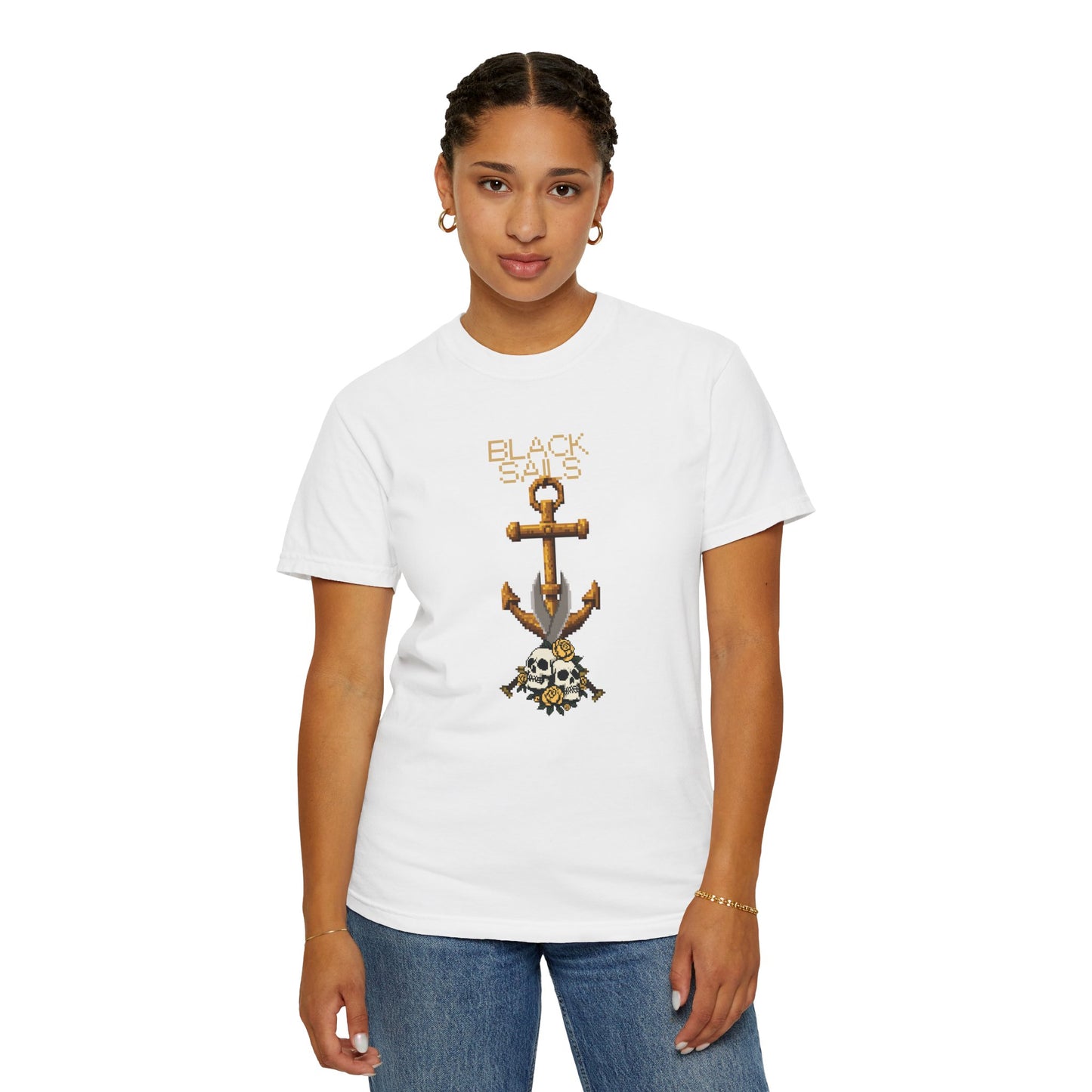Pixel art nautical tee close-up of yellow rose detail at anchor base
